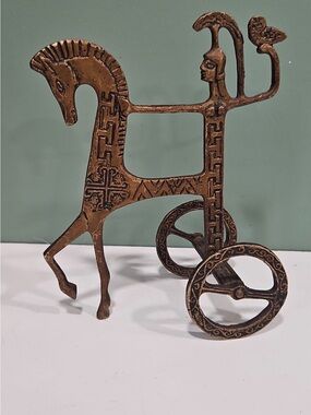 Bronze-Tone Decorative Horse & Chariot Sculpture - brutalist F Weinberg style